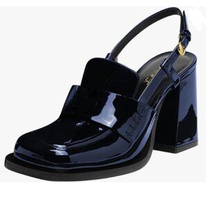 FOWT Navy Platform Square Toe Loafers Chunky High Heel Slingback Slip on Pumps
